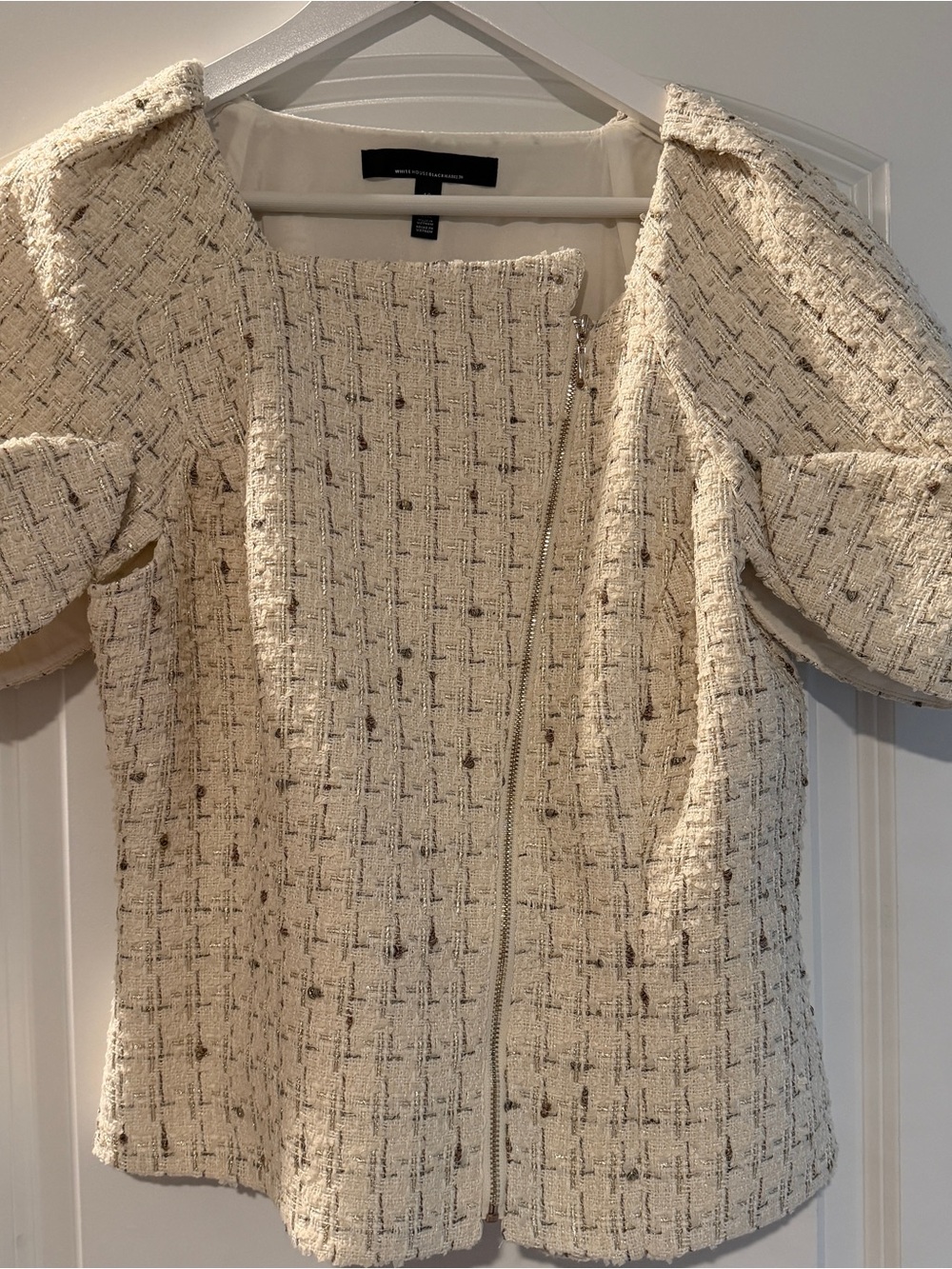 NWOT White House Black Market Cream Tweed Puff Sleeve Top - Picture 5 of 7